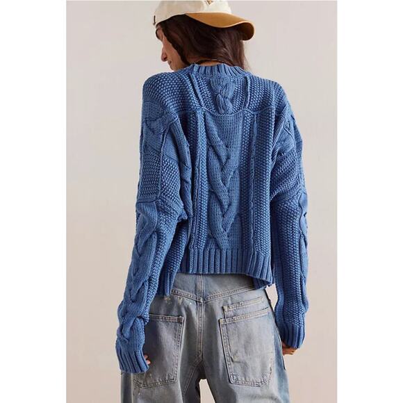 We the Free Blue In A Daze Blue Cropped Cable Knit Sweater - Picture 3 of 8